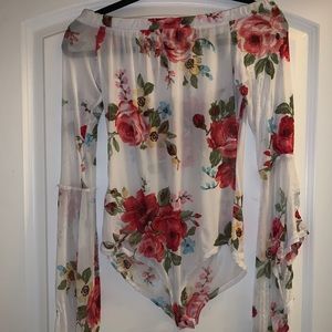 White off the shoulder floral body suit
